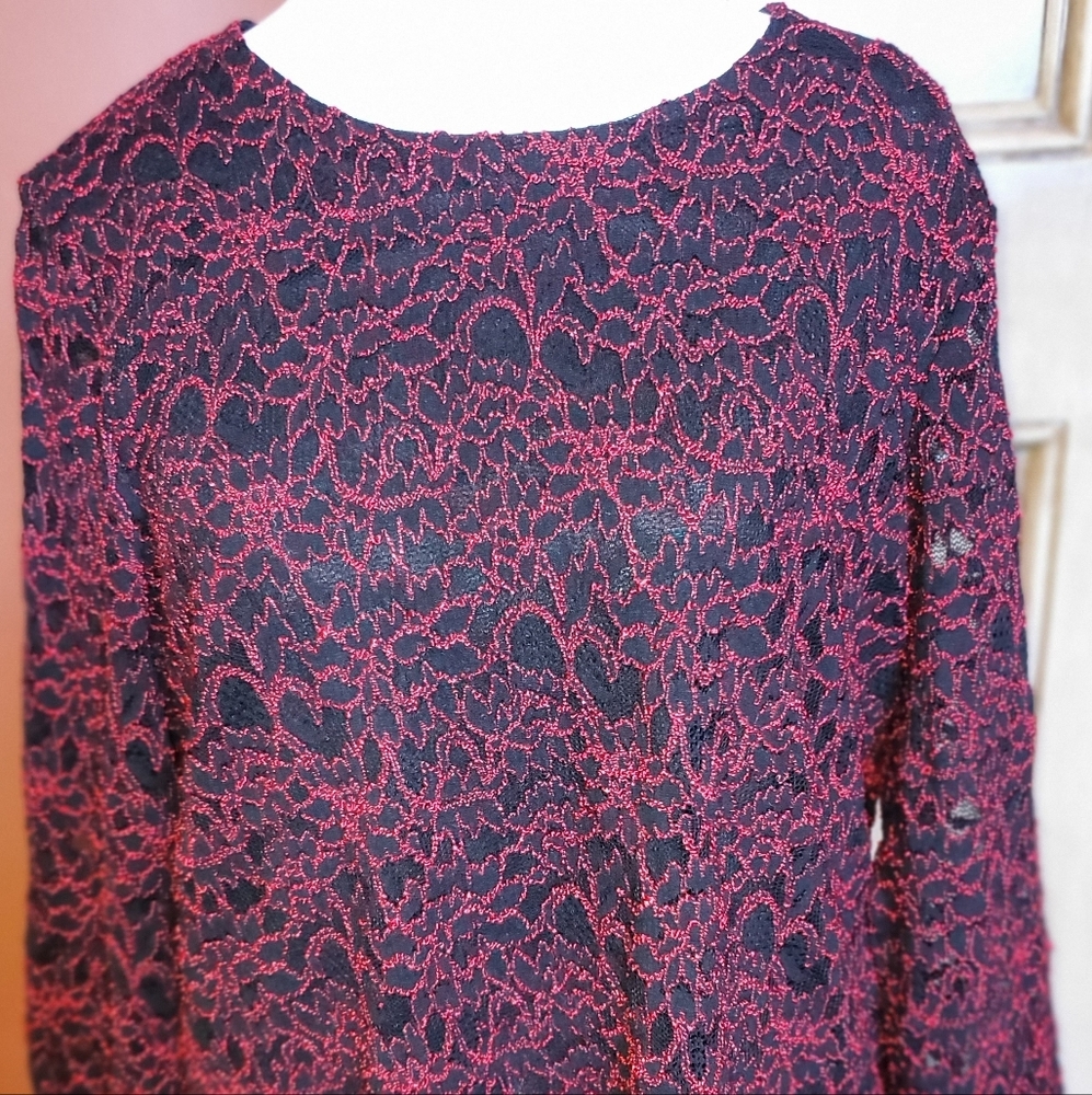 NWT ladies blouse. Red/Black soft lace w/built in Black under tank. 3/4 sleeves